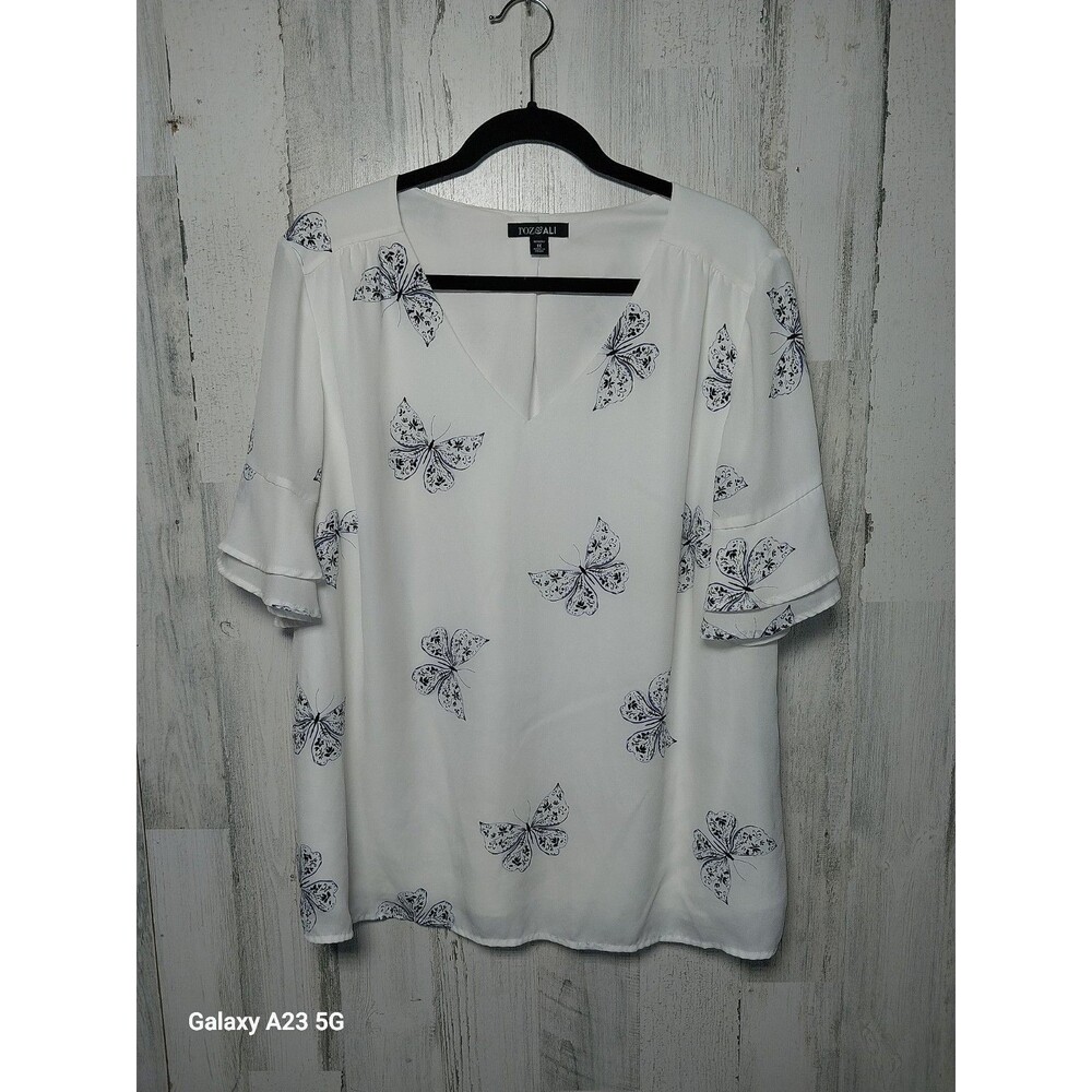 ROZ & ALI White w Blue Butterflies Woman's Top 1X